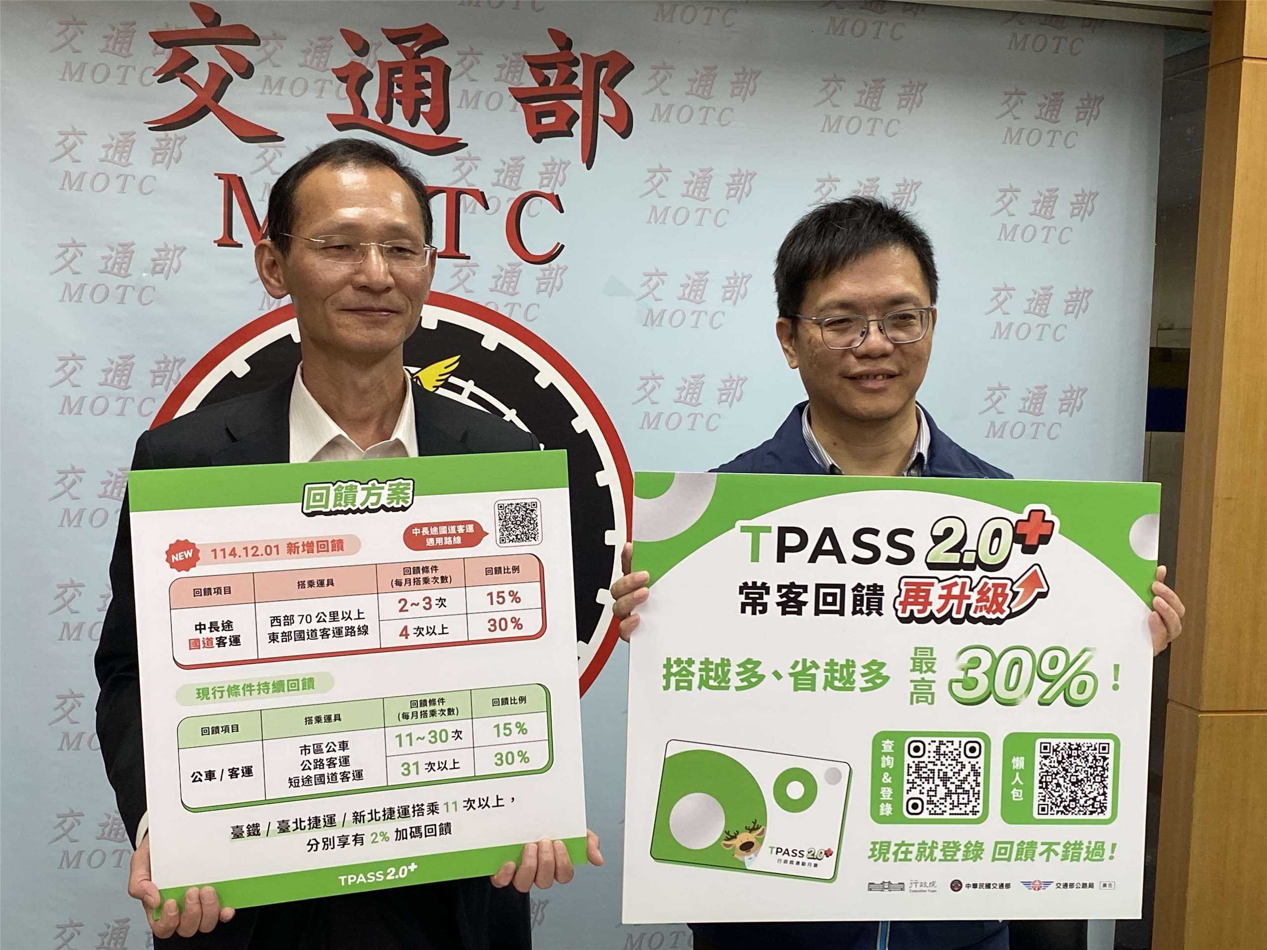 公路局長林福山(左)24日率領運輸組長梁郭國說明TPASS 2.0將於12/1起升級為TPASS 2.0+。(吳琍君攝)