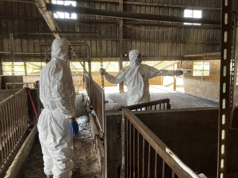 非洲豬瘟病毒僅於案例場。圖為國軍日前在台中養豬場完成清消。（台中市府提供）
