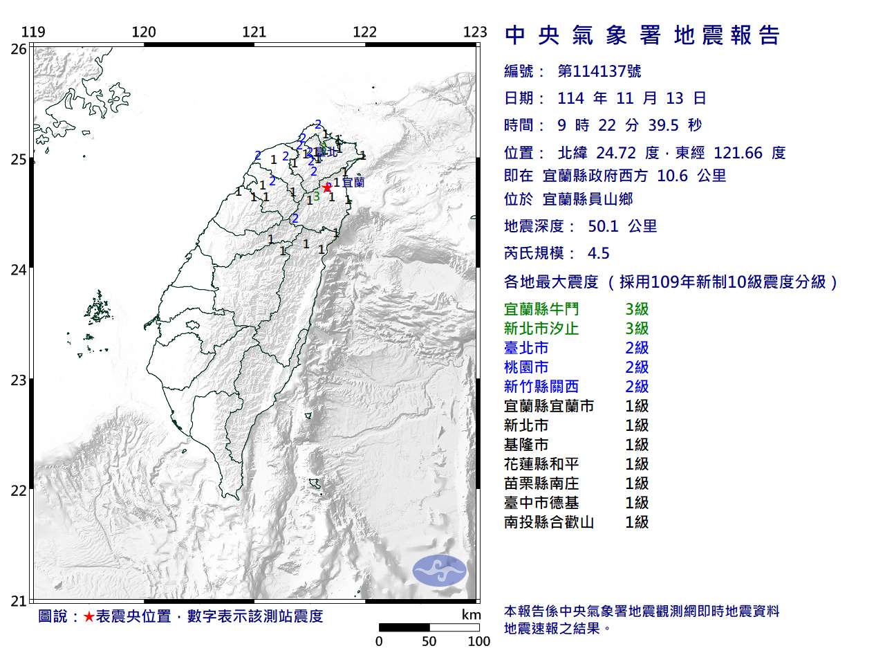 宜蘭縣員山鄉13日上午發生規模4.5地震。(氣象署提供)