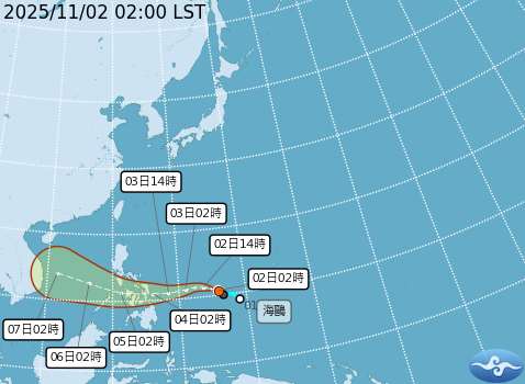 輕度颱風「海鷗」路徑潛勢圖。(中央氣象署提供)
