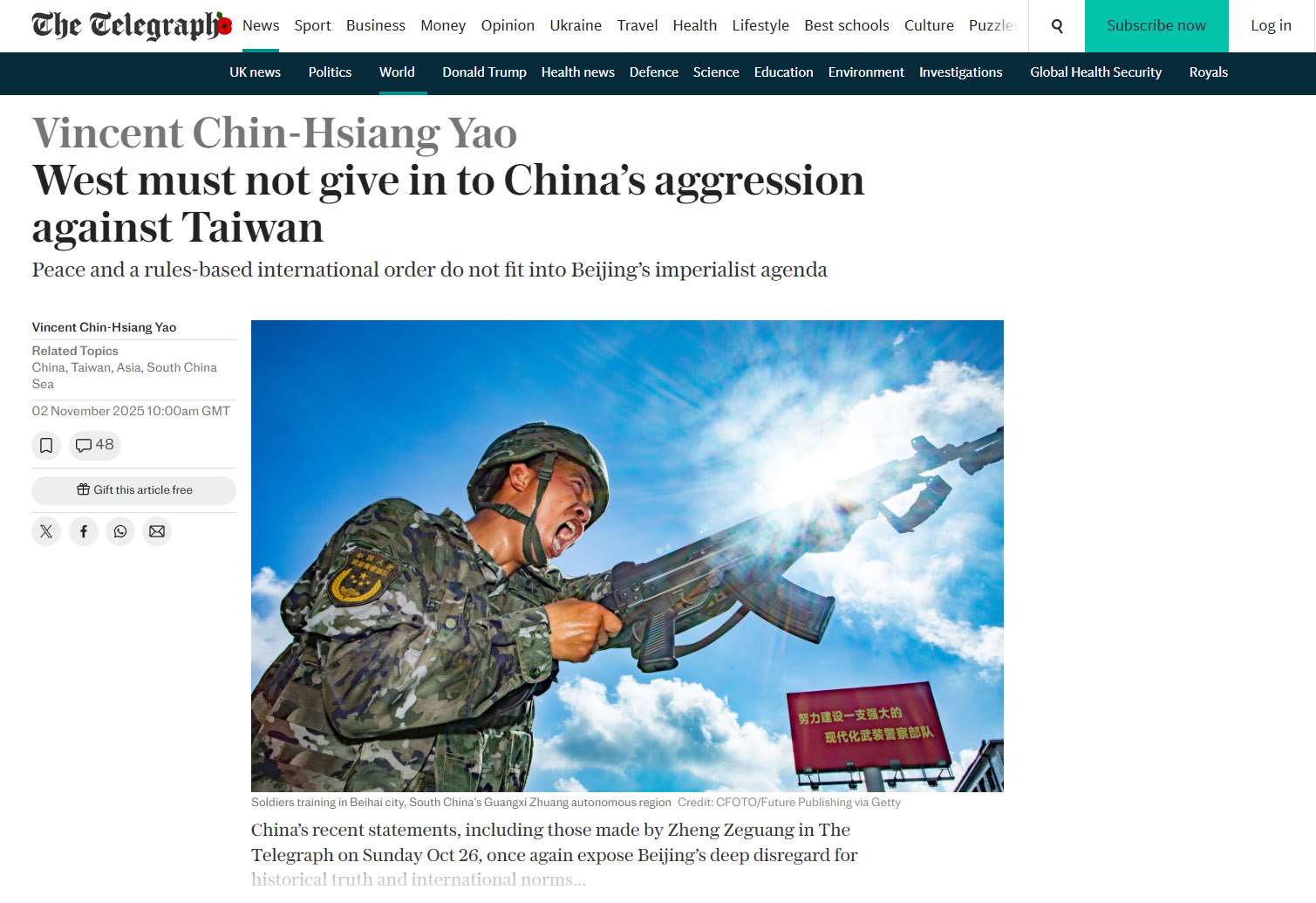 英國「每日電訊報」(Daily Telegraph)週日版2日刊出駐英國代表姚金祥投書，指出中方扭曲歷史、蔑視國際規範、昧於事實。(翻攝Daily Telegraph官網)