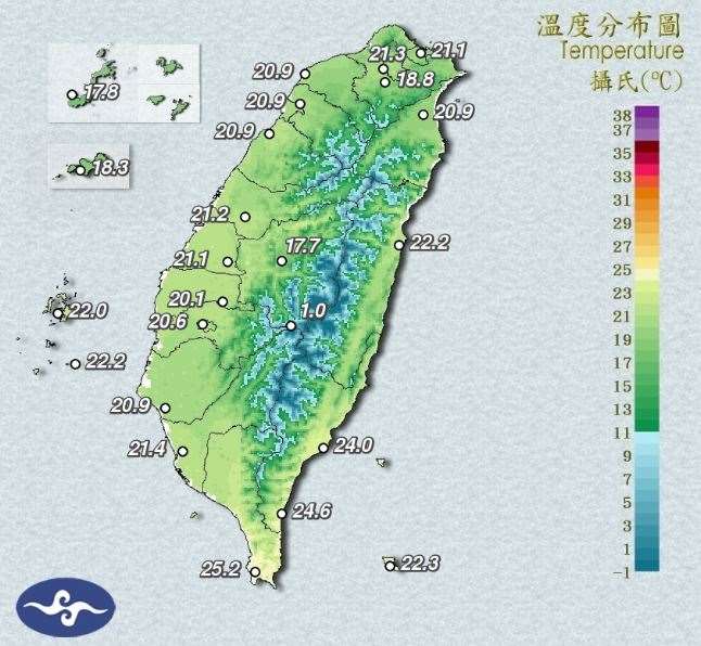 本週兩波東北季風影響，25日東北季風挾冷空氣南下，氣溫緩降。(圖:交通部中央氣象署)