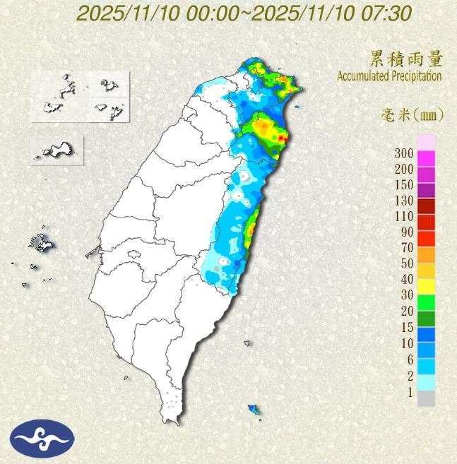 中央氣象署指出，10日除了東北季風影響外，開始有颱風外圍水氣移入，迎風面基隆北海岸、大台北、東半部地區及恆春半島降雨機率高，雨勢愈晚愈明顯，可能有大雨或豪雨出現。(圖:交通部中央氣象署)