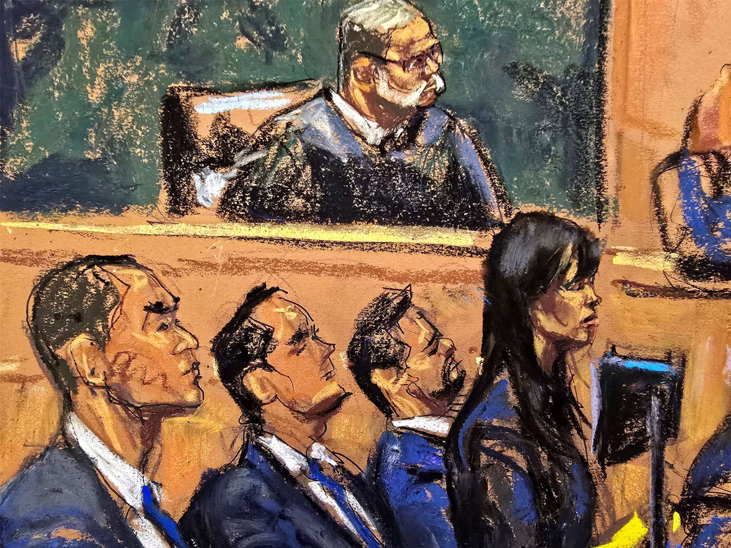 在這幅法庭速寫中，法官柯甘(Brian Cogan)正在紐約聯邦法院主持對被告胡驍(Chris Hu)和孫雯(Linda Sun)的審判。