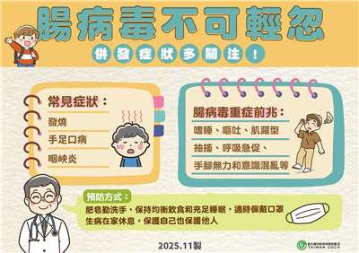 腸病毒症狀與重症前兆。(疾管署提供)