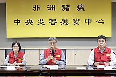 非洲豬瘟中央災害應變中心1日下午在農業部防檢署召開記者會，農業部長陳駿季（中）、防檢署長杜麗
華（左）、環境部環境管理署副署長劉瑞祥（右）等人出席。