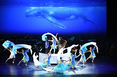 海洋委員會與演藝團隊共創「藝起海洋－海洋新創戲劇展演」，9日在衛武營國家藝術文化中心盛大登場，楚殷舞蹈團演出大翅鯨的泳姿。（海委會提供）