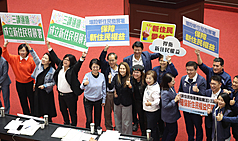 立法院會21日下午處理內政部新住民發展署組織法草案，在三讀通過後，朝野立委一同在議場內開心合影。 (圖：中央社)