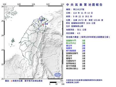 宜蘭縣員山鄉13日上午發生規模4.5地震。(氣象署提供)