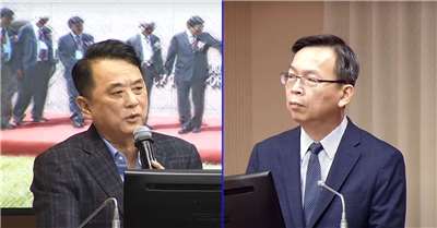 交通部常務次長林國顯(右)3日率領氣象署長呂國臣列席立法院交通委員會備詢。左為立委魯明哲。(翻攝國會頻道)