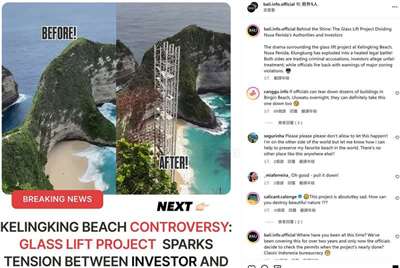 中國開發商在印尼峇里省珀尼達島最受歡迎的其中一處懸崖，建造182公尺玻璃電梯通往下方海灘，引來各界強烈反彈（IG）
