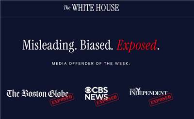 網頁的標題寫著「誤導、偏頗、曝光」，並點名波士頓環球報(Boston Globe)、哥倫比亞廣播公司新聞網(CBS News)和獨立報(Independent)為「本週媒體違規者」。(翻攝白宮官網)