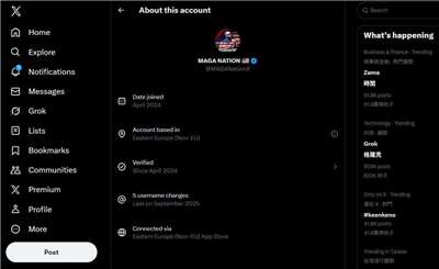 社群平台X(前推特)近期推出「關於此帳戶」(About this account)新功能，擁有近40萬粉絲、自稱是「人民的愛國者之聲」的帳號MAGANationX，實際上位在東歐。(翻攝X@MAGANationX)
