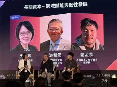 「2025亞洲新媒體高峰會」24日登場，文策院長王敏惠(左)、能率資本總經理游智元(中)、烏杉資本董事長謝孟恭(右)以「長期資本跨域賦能與韌性發展」為題進行對談。(蔡芃敏 攝)