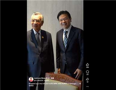 新加坡總理黃循財在社群媒體發出一段短影音，釋出與林信義的互動畫面。(FB/@LawrenceWongST