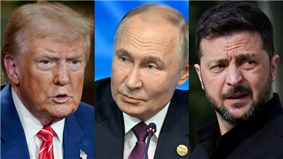 美國推動28點和平方案。左起為美國總統川普、俄羅斯總統普丁、烏克蘭總統澤倫斯基。資料合成照。(AFP)