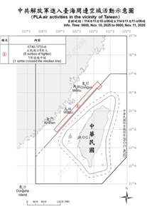 國防部11日指出，自10日上午6時至11日上午6時，偵獲8架次共機，其中1架次逾越海峽中線進入北部空域，並偵獲共艦3艘，總計中共11機艦持續在台海周邊活動，國軍嚴密監控與應處。(圖:國防部)