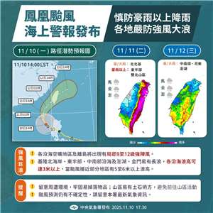 氣象署於10日下午5:30發布鳳凰颱風海上颱風警報。 (中央氣象署提供)