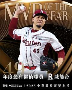 中華職棒第36年年度最有價值球員由樂天桃猿洋投威能帝獲得，他同時也包辦三振王與勝投王。(中職提供)