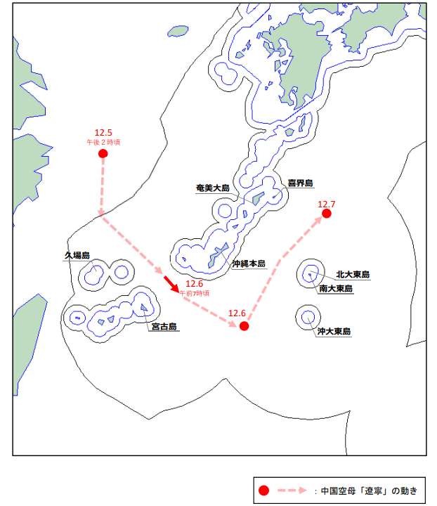 日本防衛省統合幕僚監部7日所公布有關中國遼寧艦航跡圖。(www.mod.go.jp)