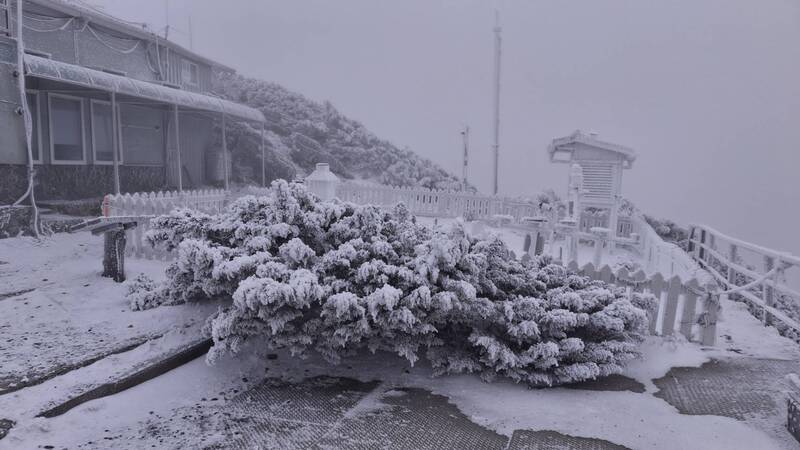 交通部中央氣象署27日表示，玉山清晨降雪，6時前雪停，積雪深1.5公分。
（交通部中央氣象署提供）