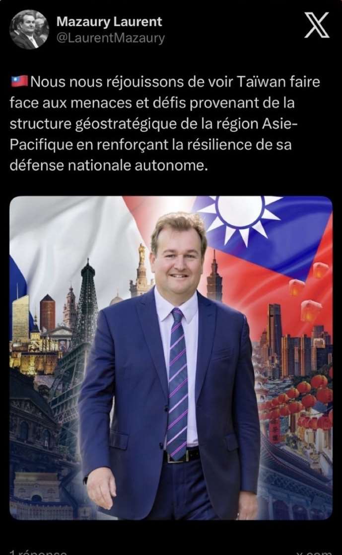 法國國民議會友台小組副主席馬佐睿(Laurent Mazaury)在貼文中使用中華民國國旗符號，還說很高興看到台灣強化自主國防韌性。(X平台)

