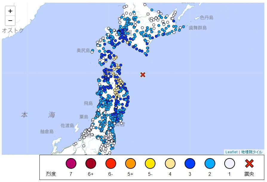 日本東北青森縣東方外海12日上午11點44點發生規模6.7地震。(翻攝日本氣象廳官網)