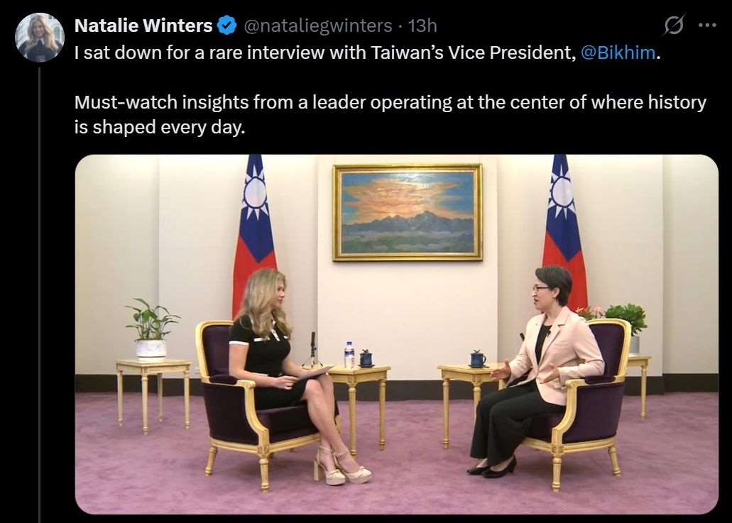 美國保守派主持人溫特斯(Natalie Winters)1日在X平台貼出專訪副總統蕭美琴影片。 (圖:X@nataliegwinters)