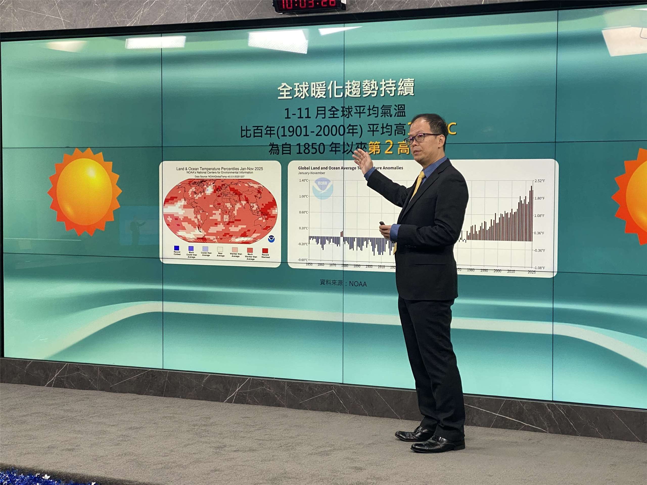 氣象署氣象預報中心主任黃椿喜30日回顧台灣今年1-12月的氣象紀錄，顯示極端氣候成常態。(吳琍君攝)