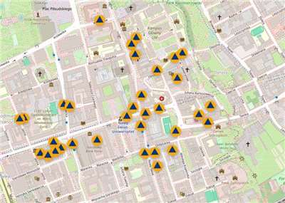 圖為波蘭「該躲在哪裡」(Where to hide)網站互動地圖，旨在協助民眾在遭遇戰爭或災害等緊急狀況時，迅速定位並尋獲最近避難設施。 (圖:取自波蘭消防局網頁remiza.pl)