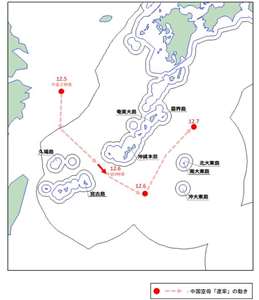 日本防衛省統合幕僚監部7日所公布有關中國遼寧艦航跡圖。(www.mod.go.jp)