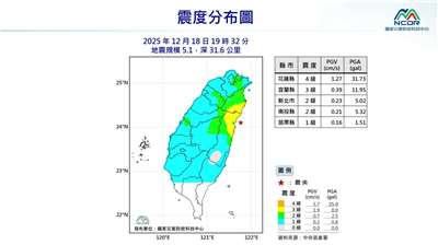 18日晚間19時32分發生芮氏規模5.1地震，震央位於花蓮縣政府東北方18.3公里(位於臺灣東部海域)。 (圖：國家災害防救科技中心)