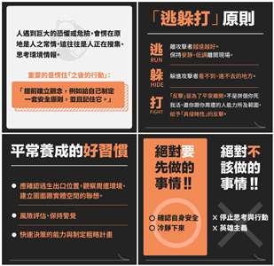 在台北車站與捷運中山站發生隨機攻擊事件後，黑熊學院建議民眾可以採取自我保護策略。(圖：黑熊學院粉專)