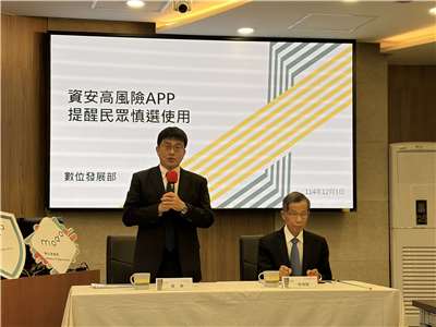 數發部3日召開記者會，數發部次長葉寧(左)指出，現代人手機不離身，但部分APP受到中國法規管轄，需慎防個資外洩，呼籲民眾應盡量避免使用高風險APP。(蔡芃敏攝)