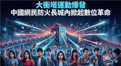 大衝塔運動爆發 防火長城內掀起反集權數位革命(AI製圖)