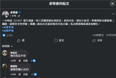 宜蘭外海27日晚間11時許發生芮氏規模7強震，行政院長卓榮泰28日凌晨在臉書發文表示，台灣震後僅有小狀況，希望大家平安。(翻攝卓榮泰臉書)