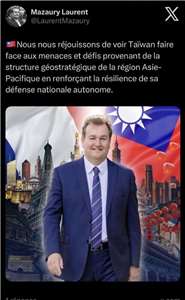 法國國民議會友台小組副主席馬佐睿(Laurent Mazaury)在貼文中使用中華民國國旗符號，還說很高興看到台灣強化自主國防韌性。(X平台)

