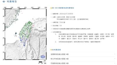 根據中央氣象署資訊，27日晚間11時5分發生芮氏規模7.0地震，地震深度72.8公里，震央位於宜蘭縣政府東方32.3公里（位於台灣東部海域）。(翻攝氣象署網站)