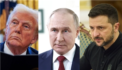 美國總統川普(Donald Trump)、俄羅斯總統蒲亭(Vladimir Putin)、烏克蘭總統澤倫斯基(Volodymyr Zelensky)。 (路透社/克宮/烏克蘭總統府，Rti合成)