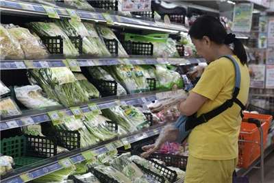 中央大學台灣經濟發展研究中心公布12月消費者信心總指數(CCI)為64.3點，較上月微降0.35點，屬於持平發展。圖為民眾在台北市北投區一家超市選購蔬果。(中央社資料照片)