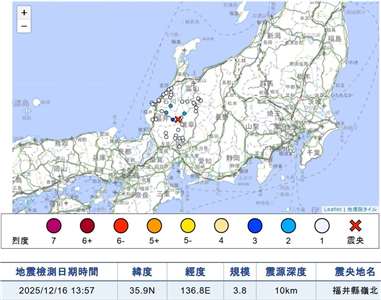 日本福井縣嶺北今天(16日)下午1時57分（台灣時間12時57分）發生規模3.8地震，震源深度10公里，觀測到最大震度3。(圖擷自日本氣象廳)