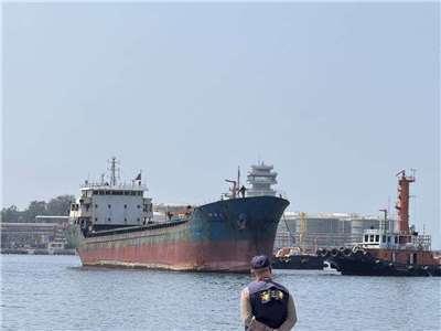 今年2月間涉嫌扯斷台澎海纜的多哥籍中資背景｜宏泰輪」(圖中)，在遭押進入台南安平港後，海巡署人員上船登檢。（海巡署提供）