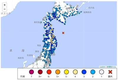 日本東北青森縣東方外海12日上午11點44點發生規模6.7地震。(翻攝日本氣象廳官網)