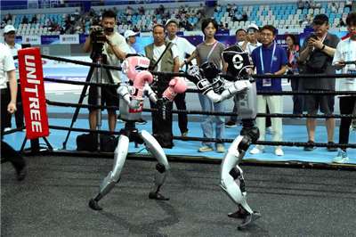 2025世界人形機器人運動會14日至17日在中國國家速滑館「冰絲帶」舉行。圖為機器人在擂台上比賽。中央社記者謝怡璇北京攝　114年8月15日 (圖：中央社)
