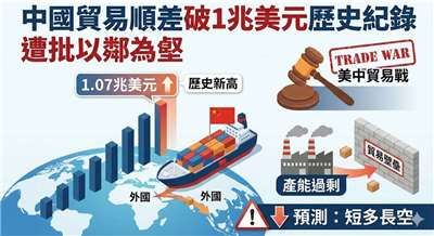 中國貿易順差破1兆美元歷史紀錄 遭批以鄰為壑(AI製圖)
