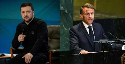 烏克蘭總統澤倫斯基(Volodymyr Zelensky)(左)與法國總統馬克宏(Emmanuel Macron)(右)。
(資料合成圖)