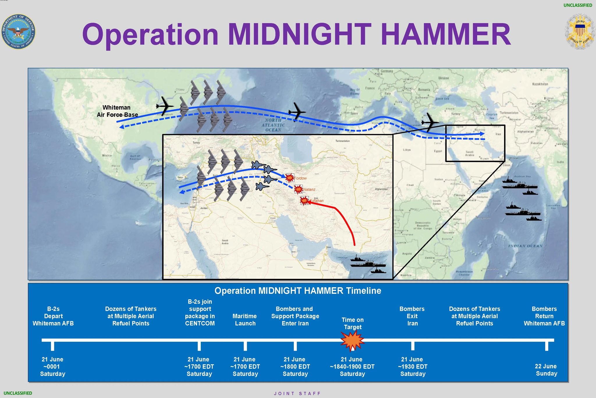 美軍對伊朗核子設施發動「午夜重錘行動」(Operation Midnight Hammer)。示意圖。(圖:X@DODResponse)