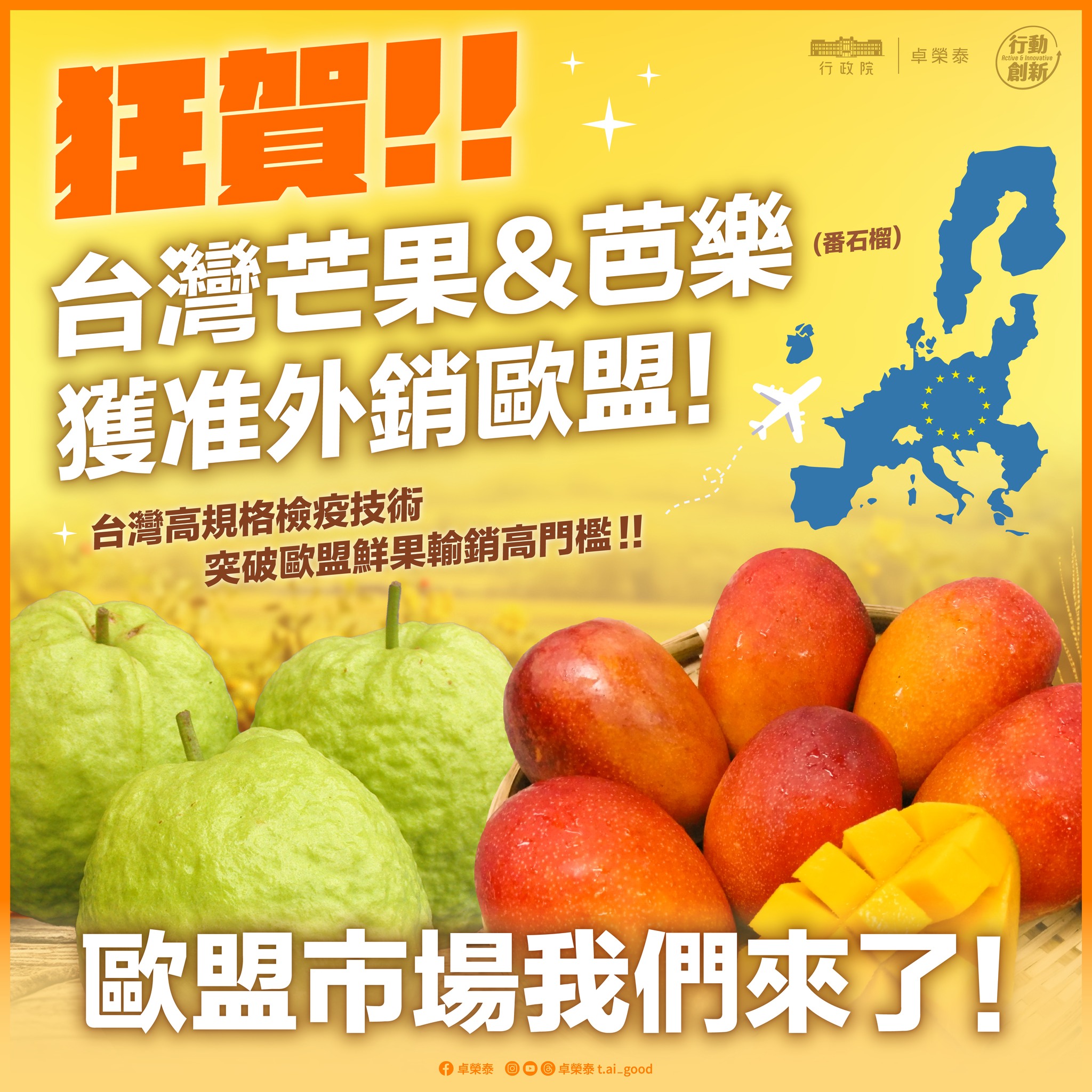 台灣生產的芒果和芭樂進軍歐洲， 行政院長卓榮泰社群發文慶賀。(卓榮泰臉書)
