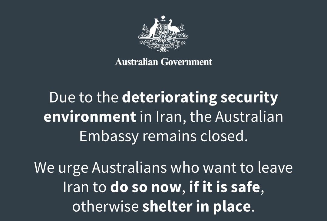 澳洲宣布駐德黑蘭大使館暫停業務。 (圖:X@dfat)