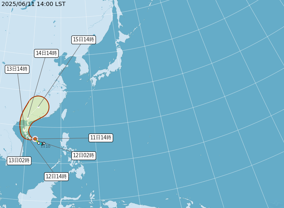 圖為中央氣象署11日下午2時公布颱風蝴蝶路徑預報圖。(圖：氣象署)
